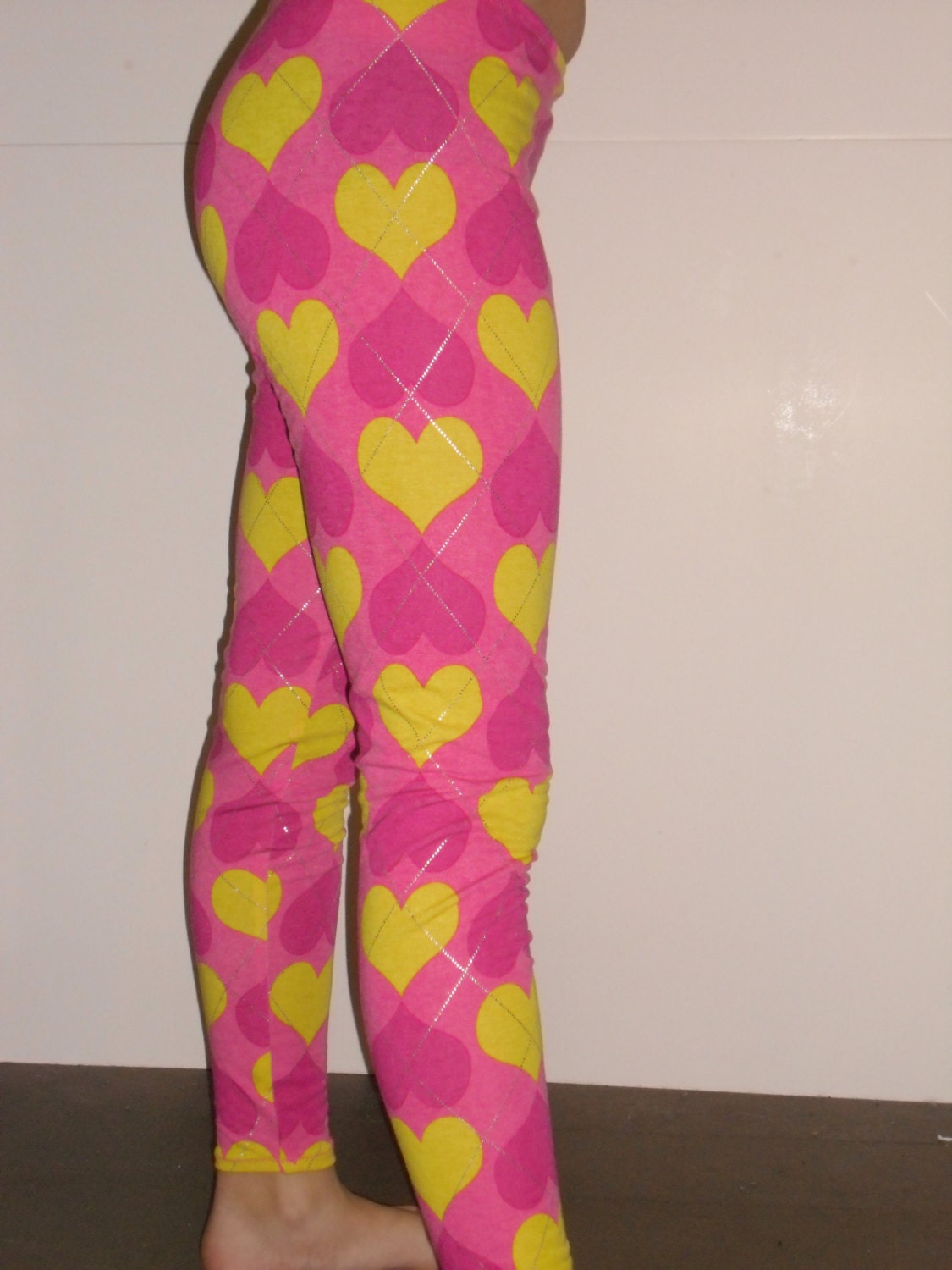 Pink and yellow cotton lycra heart leggings