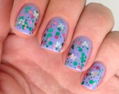 Nail polish - "Flutterby Garden" pink and green glitter in a clear base - LAST BOTTLES
