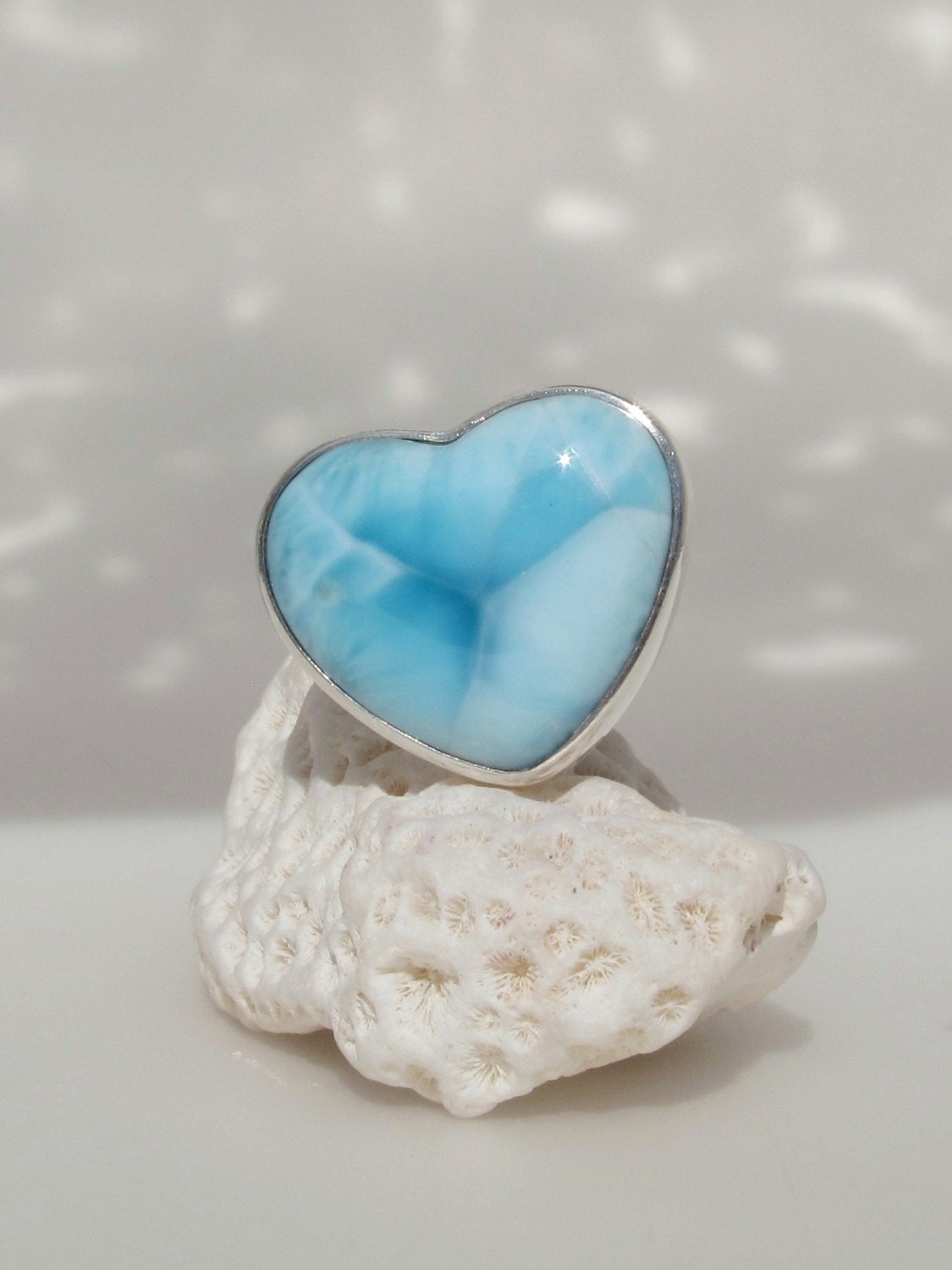 Larimar heart ring, Baby Love - darling turtleback baby blue Larimar stone - US 5.25