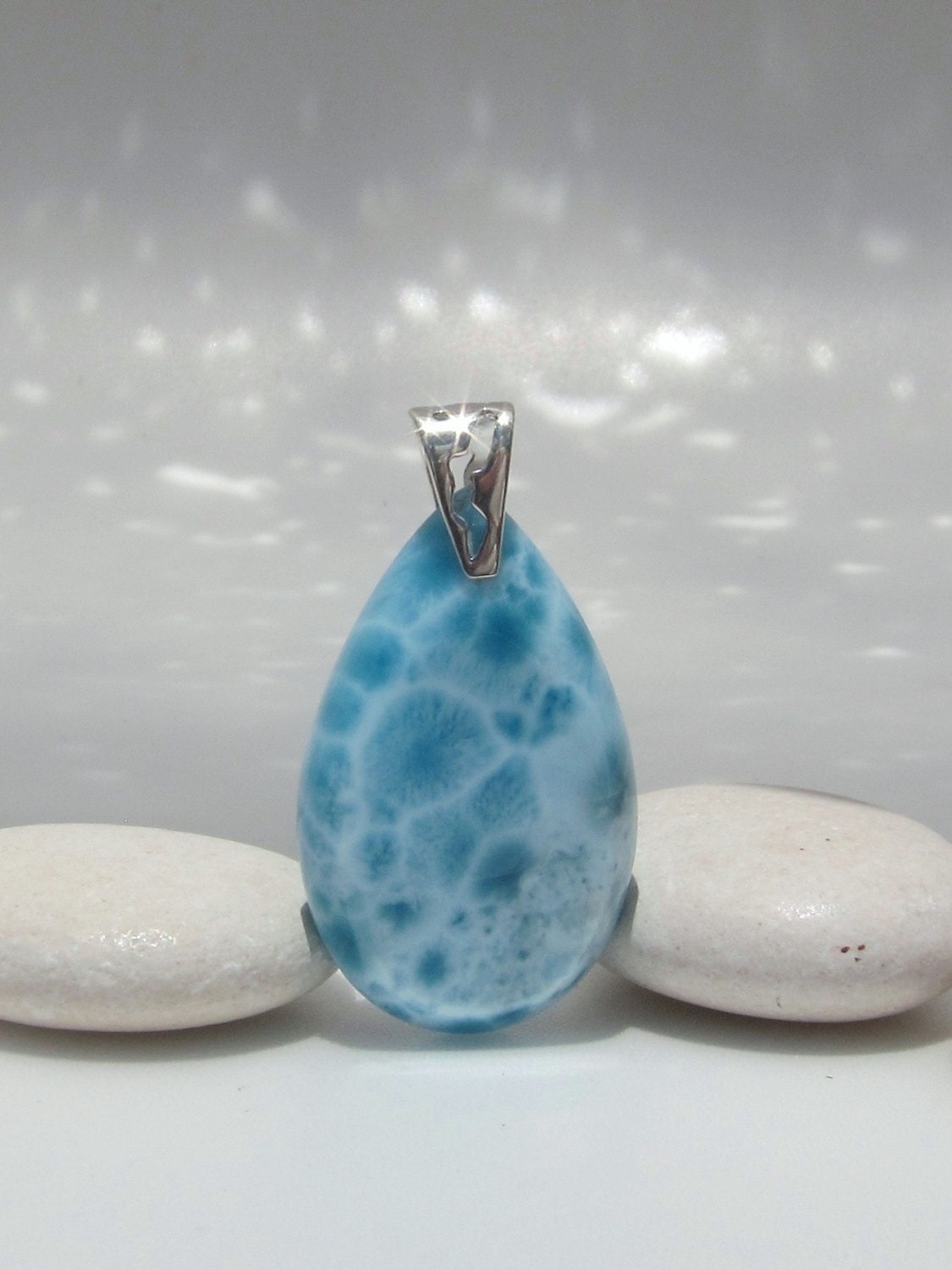 Larimar turtleback pendant, Aquarius - gorgeous aquatic blue Larimar faceted teardrop