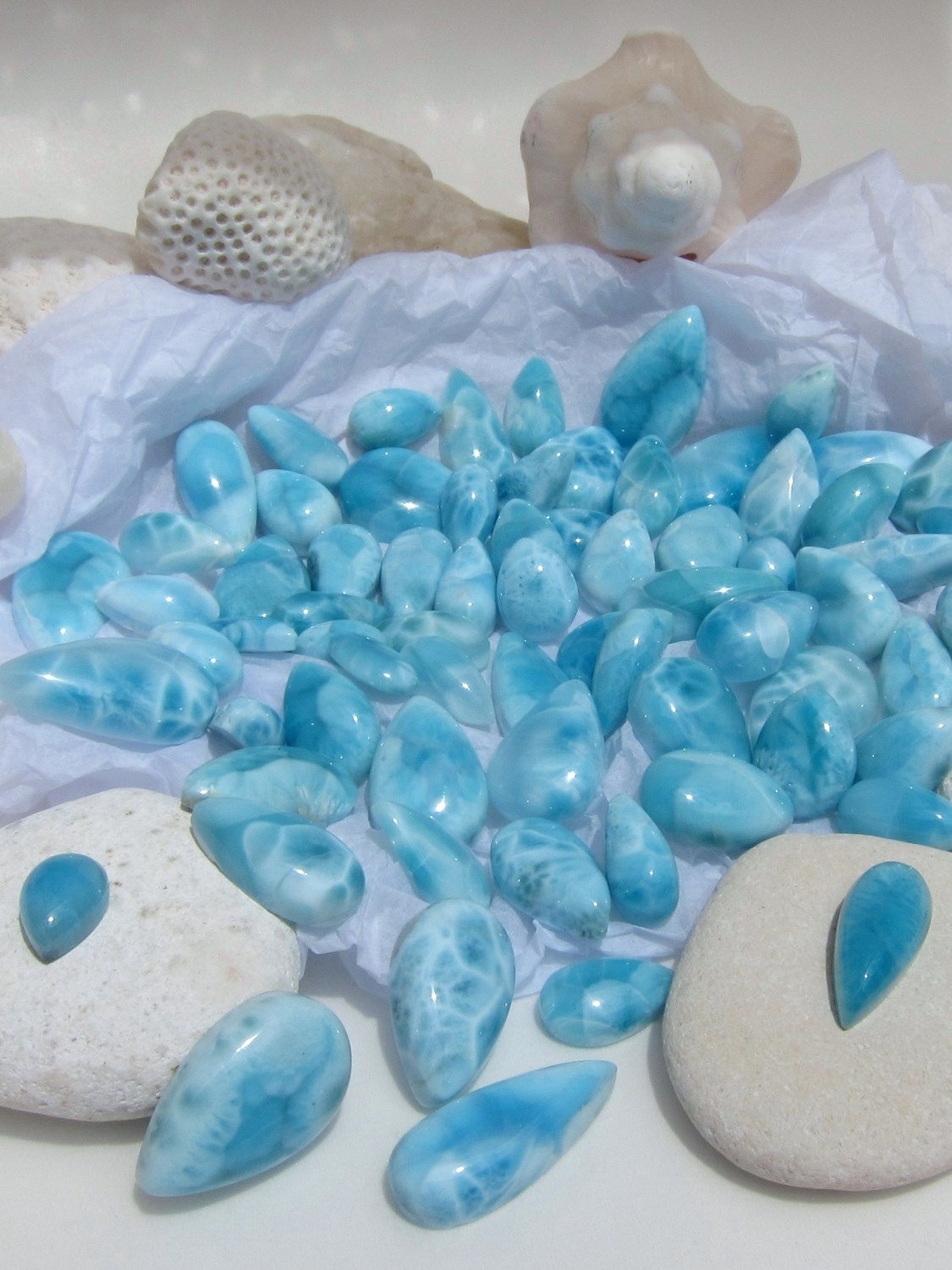 Wholesale Larimar cabochons, 1 oz nicely assorted and mixed blue Larimar teardrops - 142.5 ct - great deal for jewelers