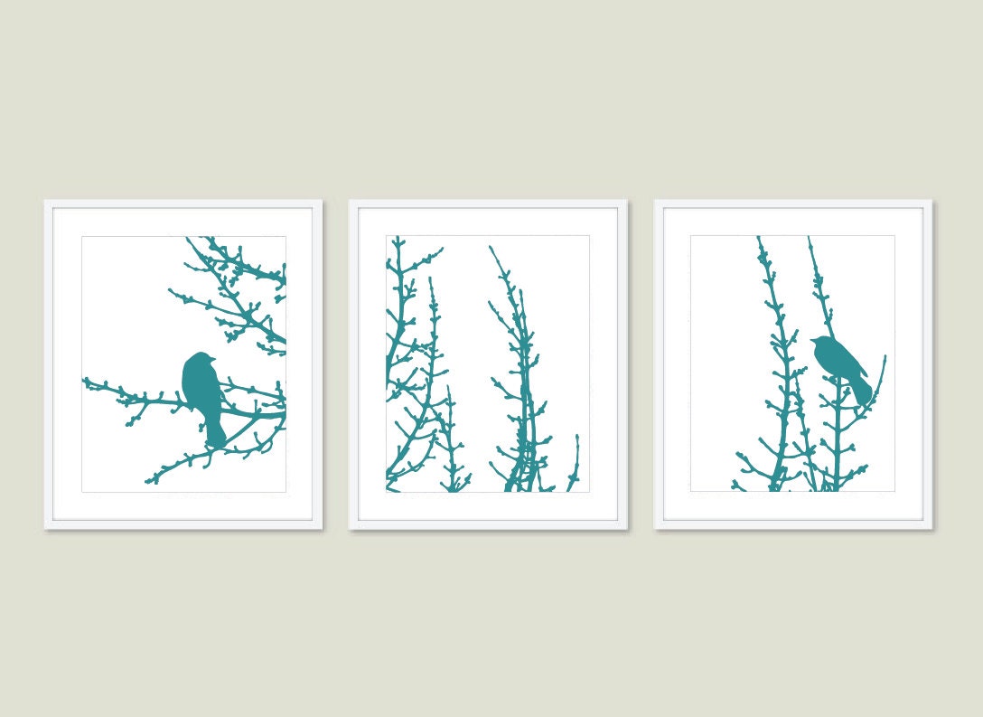 Birds and Branches - Digital Print Set - Medium Teal Blue - Modern Home Decor - Bird on Twig - Woodland Tree - Wall Art - Spring Summer