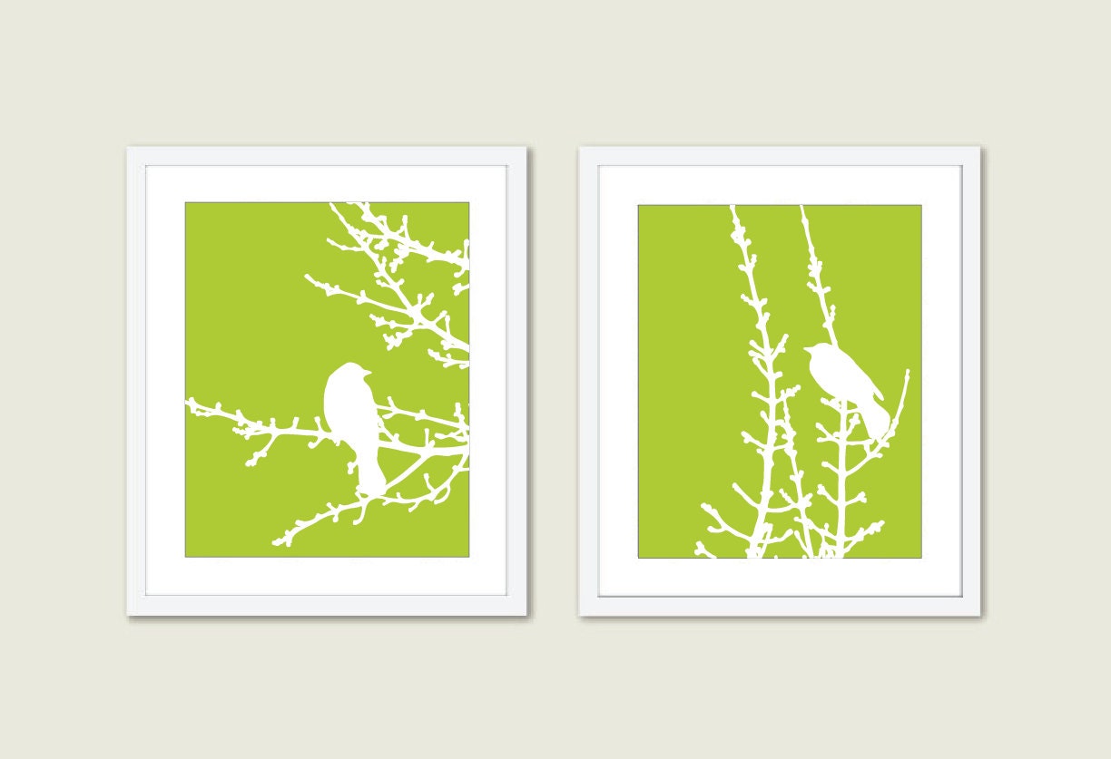 Spring Birds and Branches - Wall Art Print Set - Fresh Green Pea - Modern - Woodland -  Spring Summer Home Bird on Twig Decor