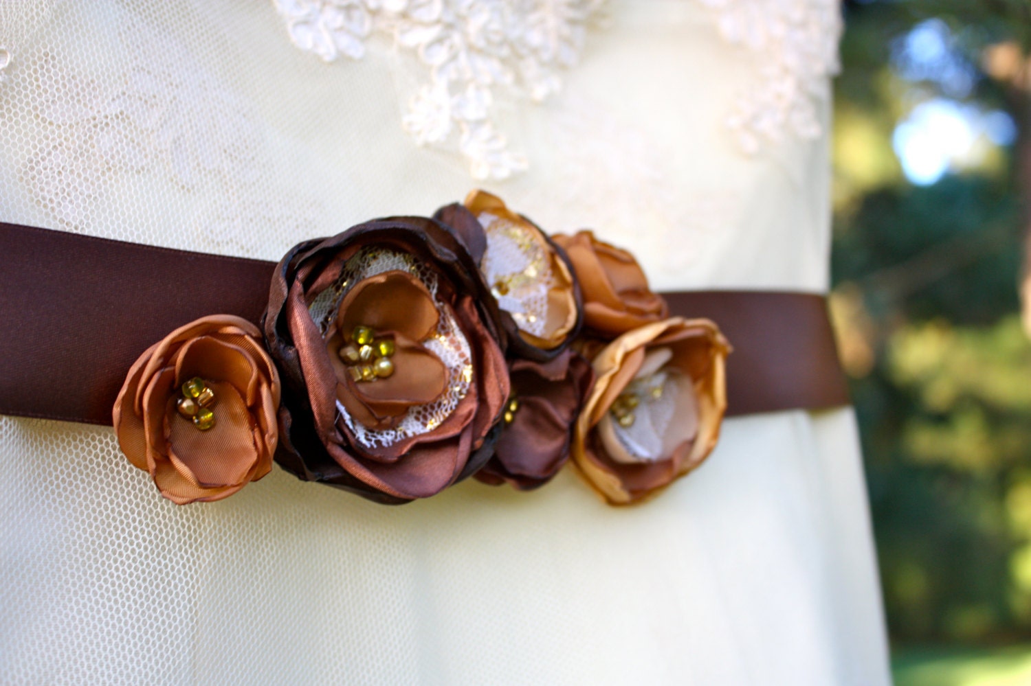 Rose Bridal Fabric Flower Belt in Chocolate Brown, Brown, Gold (extra long length)