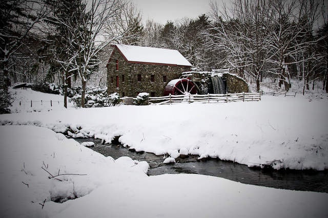 New England Winter Scene 8 x 10 Photograph Wayside Inn Grist Mill Sudbury, MA