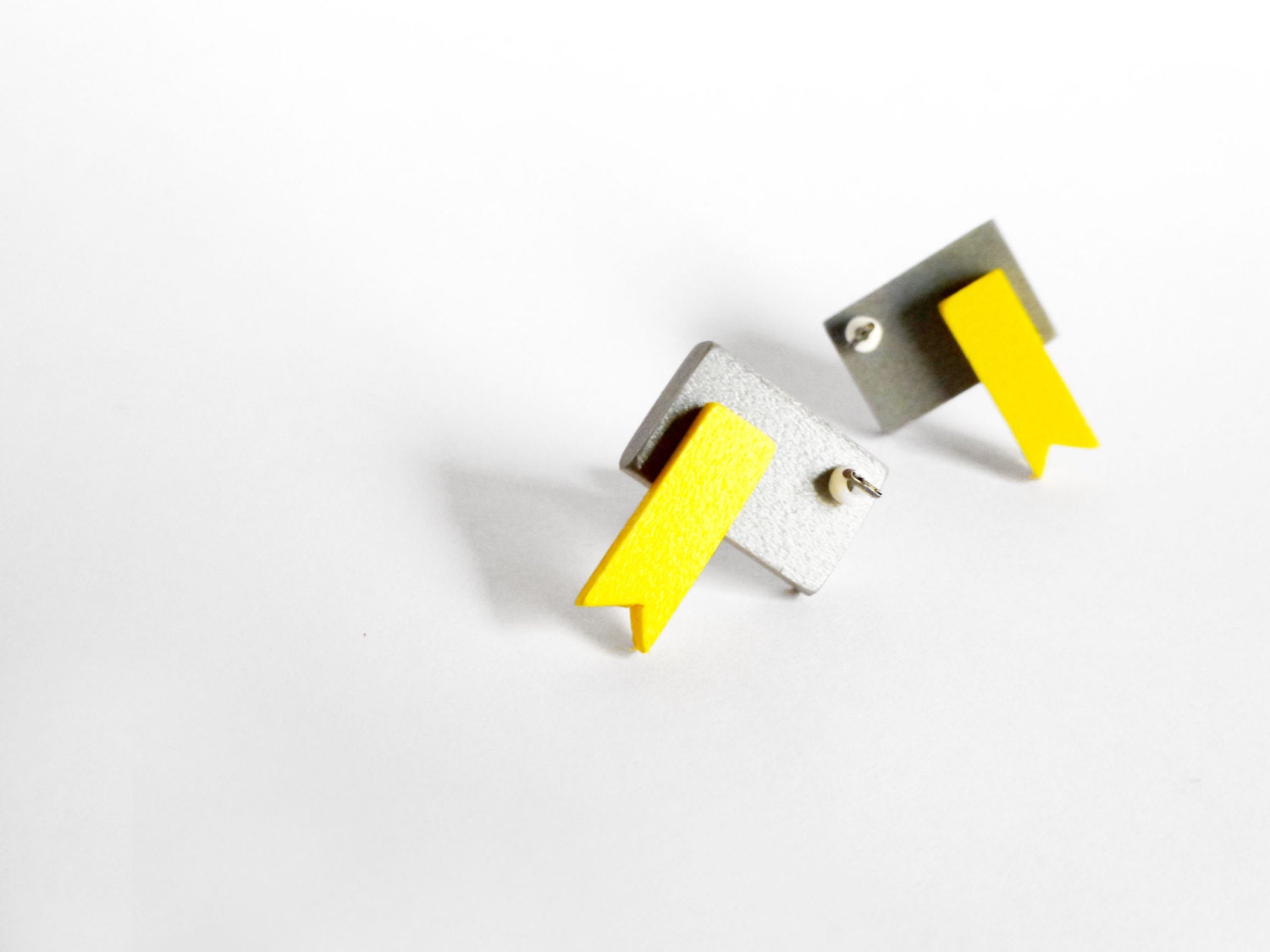 geometric minimal cute post earrings with grey and yellow - contemporary jewelry