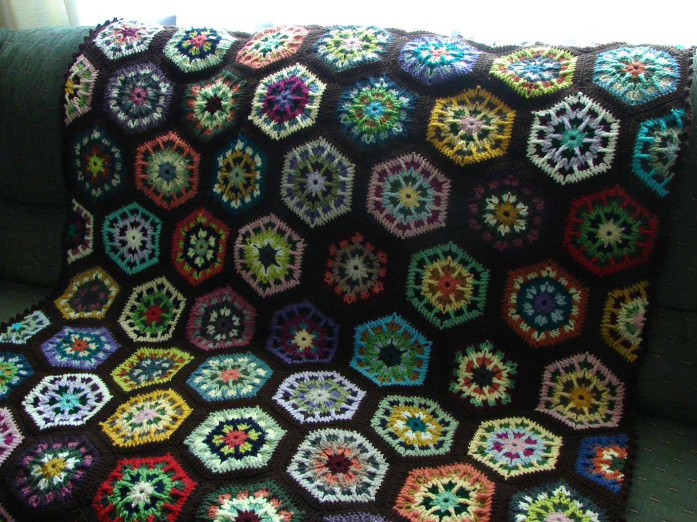 Handmade Crochet Dark Brown (Expresso) Edged Multi-Colored Kaleidoscope Afghan 48 x 68 FREE SHIPPING