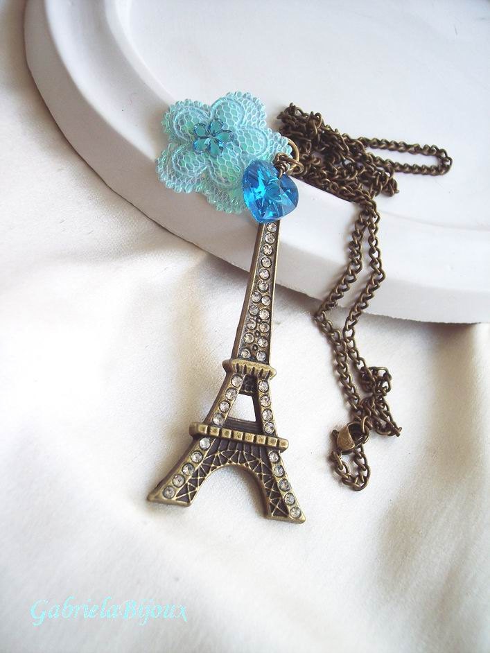 Blue Bohemian Long French Necklace, Antique Silver Eiffel Tower Necklace, Swarovski Crystal, France Necklace, Travel Necklace