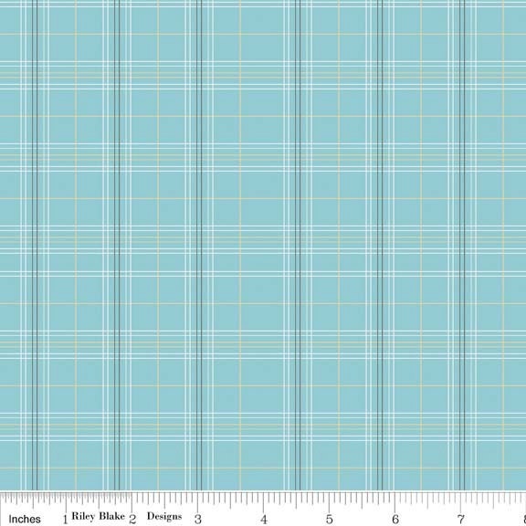 Blue Yellow and Grey Plaid Fabric, Life in the Jungle from Doohikey Designs for Riley Blake, Plaid Print in Blue, 1 yard