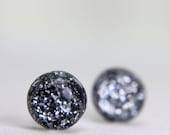 globe earrings with charcoal grey glitter shards  -  8mm - glitter earrings