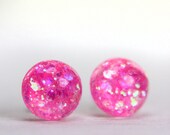 globe earrings in hot pink sparkles - 8mm - round resin glitter springtime earrings