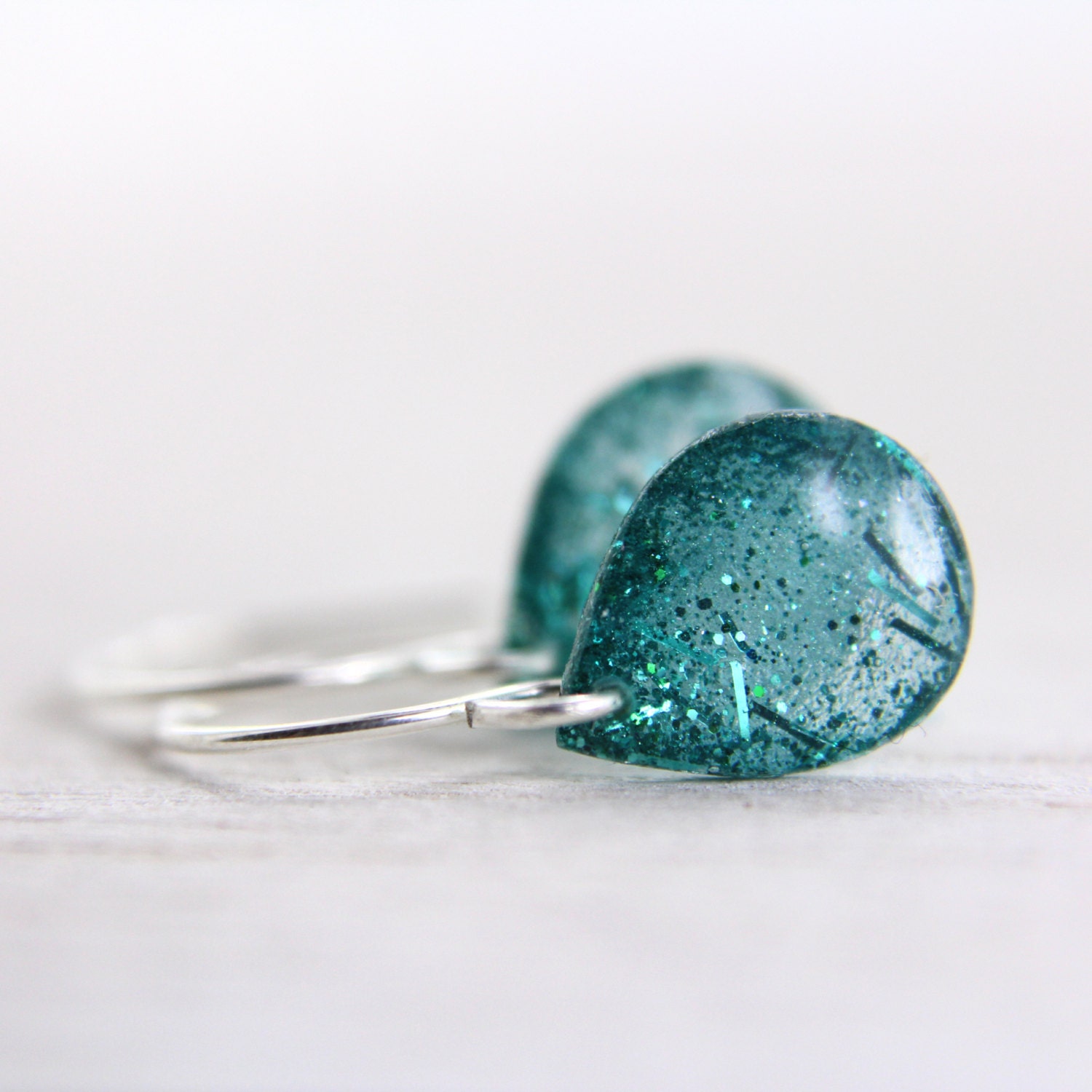 tiny teal teardrop earrings with turquoise glitter on silver earwires - silver drop earrings