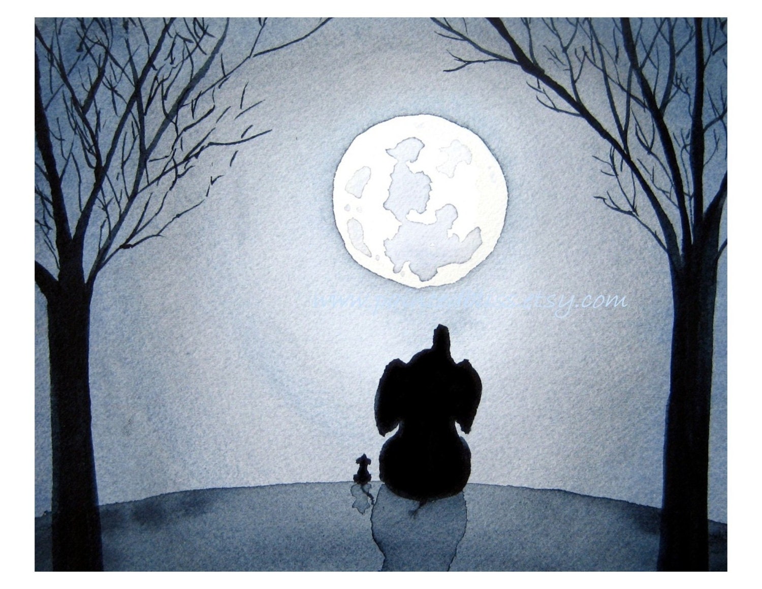 Under The Moonlight - 16x20 inch  Signed Art Print  - Elephant and Mouse under a full moon at night, blue nursery art, large print
