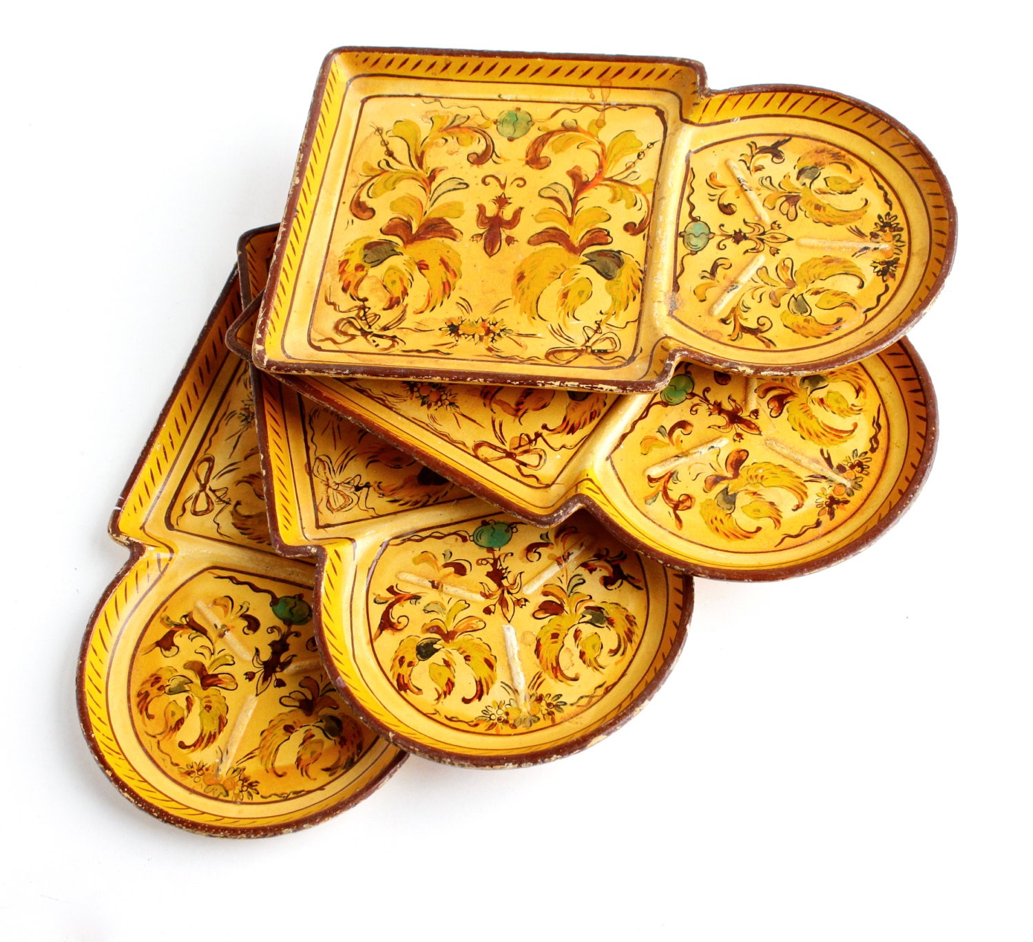Vintage Orange, Brown & Green Trays - Retro Alcohol Proof Serving Set of 4 Snack Platters Made in Japan - Boho Paper Mache
