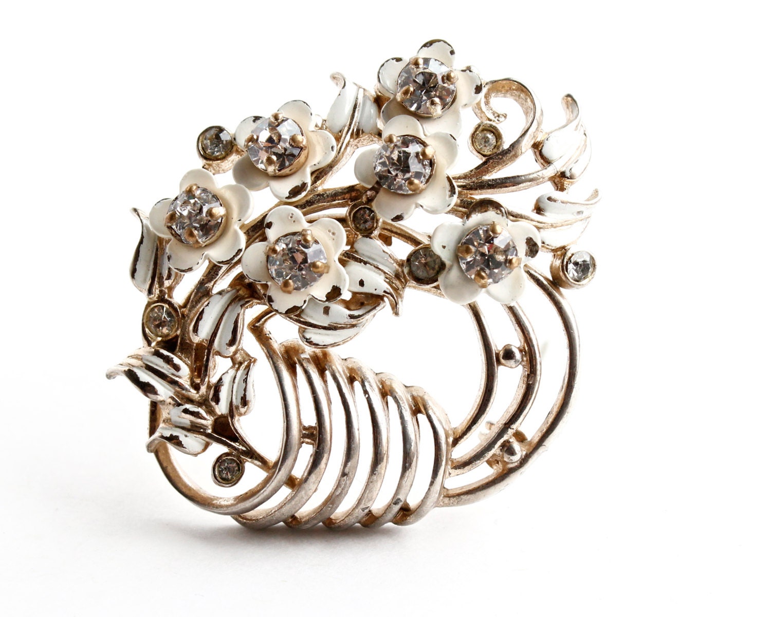 Rhinestone and White Enamel Brooch - Retro 1960s Barclay Costume Jewelry Pin / White Flower Wreath
