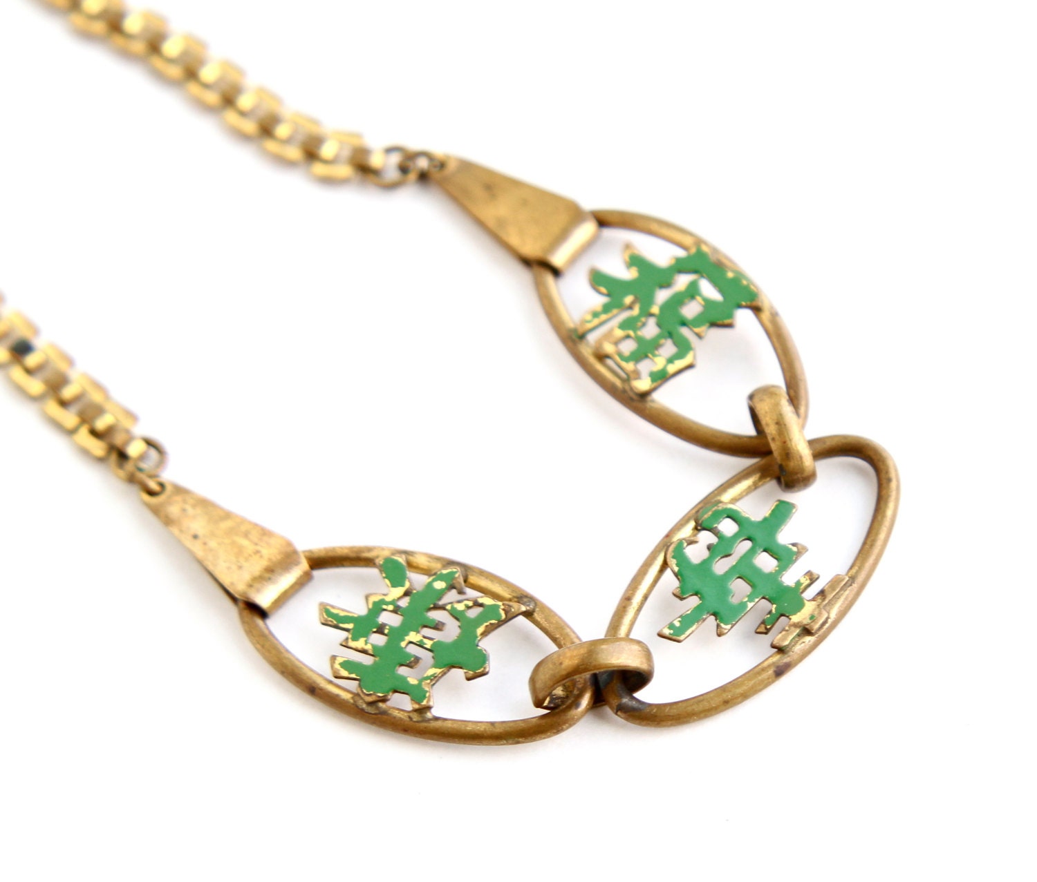 Vintage Art Deco Asian Brass Necklace -  Antique 1930s 1940s Green Enamel Character Jewelry / Rustic Patina