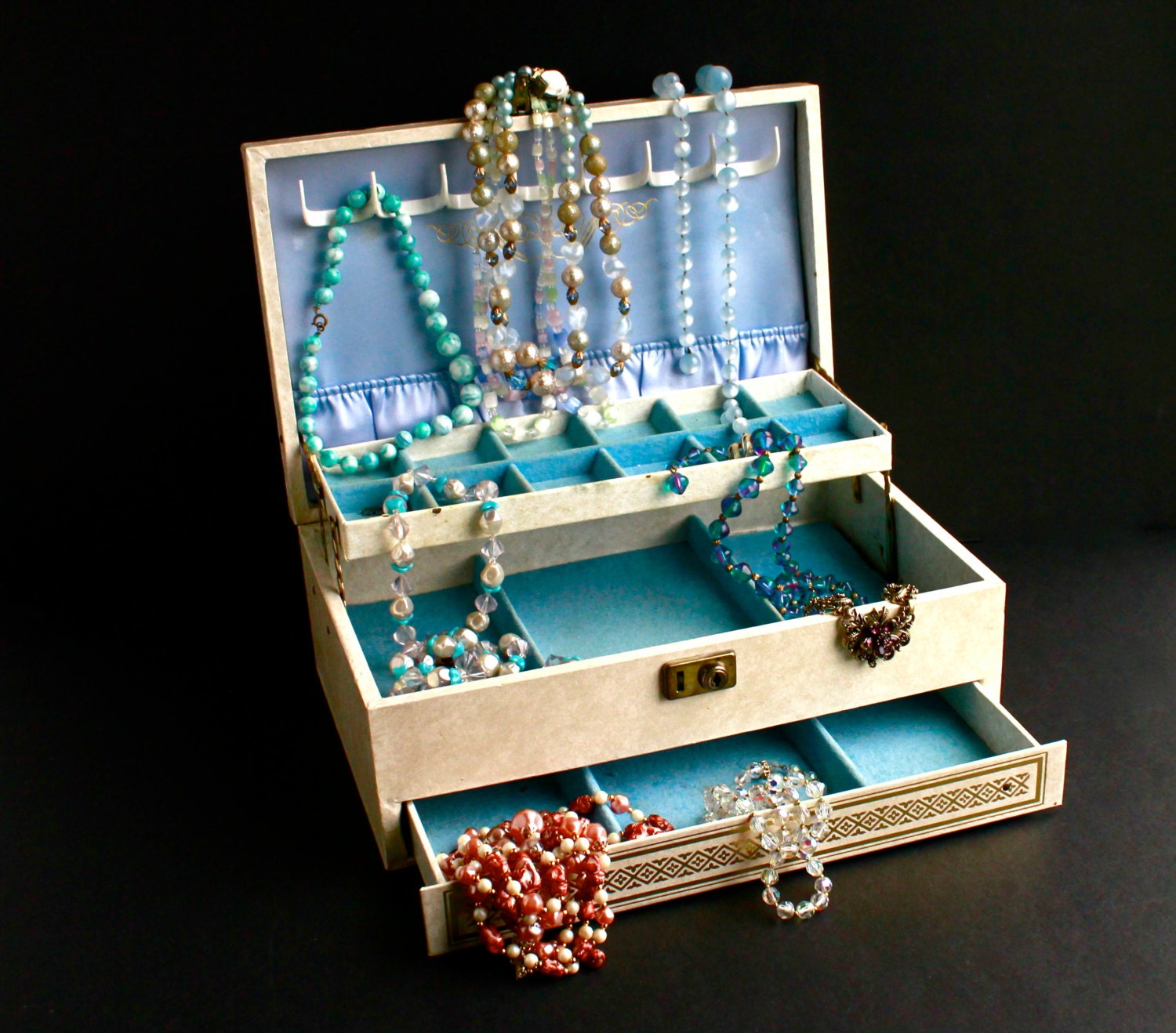 Vintage Blue Lined Jewelry Box - 1950s Off White Filigree Organizer / Mid Century Treasure Chest