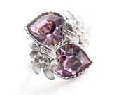 Vintage Pink Stone Heart Ring -  Retro Signed Sarah Cov 1970s Silver Tone Adjustable Rhinestone Costume Jewelry / Double Heart Love Story