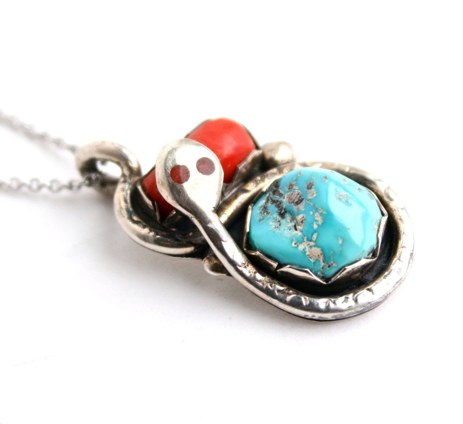 SALE - Vintage Sterling Silver Turquoise & Coral Necklace -  1970s Signed Effie C Zuni Native American Southwestern Jewelry / Reptile Wrap