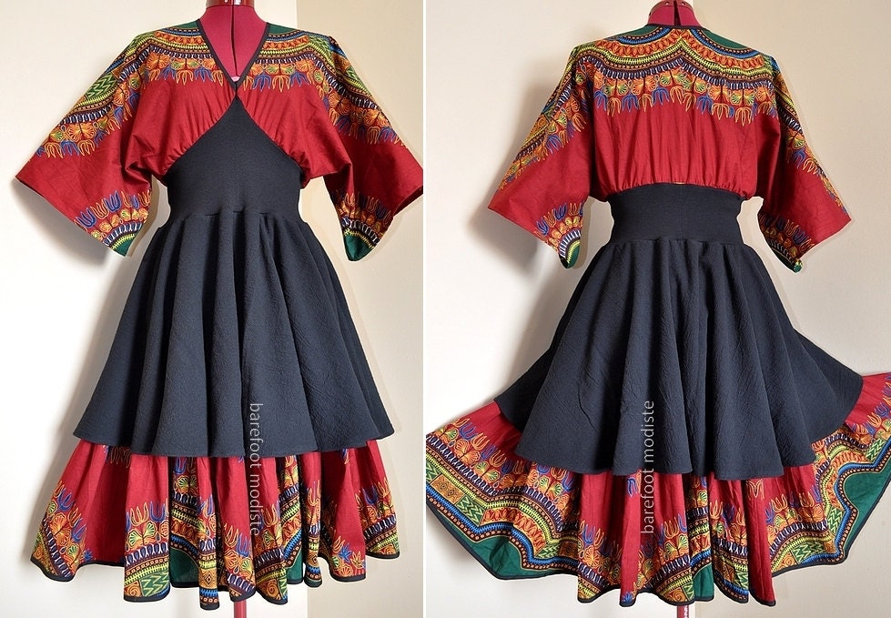 Midnight Flame -  Short African Bohemian Gown, Ooak Layered Maxi dress, Black Red Dashiki Gown, Best for - M, L, XL