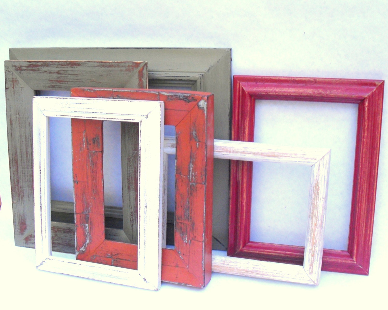 Rustic Frame Collection - upcycled shabby cottage chic - 6 open gallery frames painted in brick, sage, antique white, cinnamon