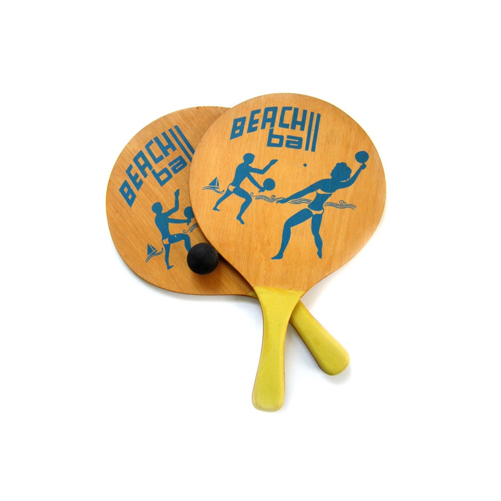 Vintage Pair Wooden Beach Ball Paddles and Ball
