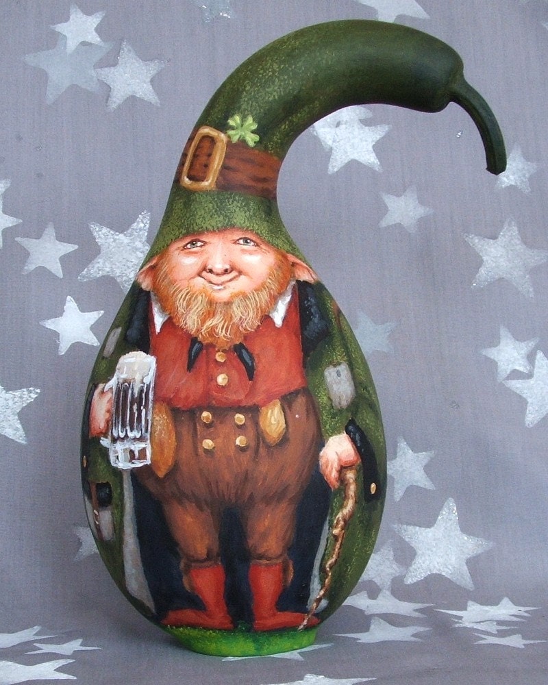 To Friends, Leprechaun, St. Patricks Day, unique gourd, hand painted, 9 inches tall