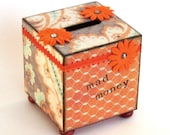 Coin Bank Decoupaged Bank Savings Bank Decorated Wood Bank Orange Floral Humorous Bank Mad Money Retro Style