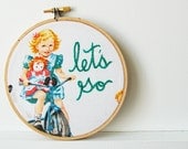 Hand Embroidery Hoop Art. Let's Go. Dick and Jane Themed. Sally on Bike. Hand Stitched. by Merriweather Council