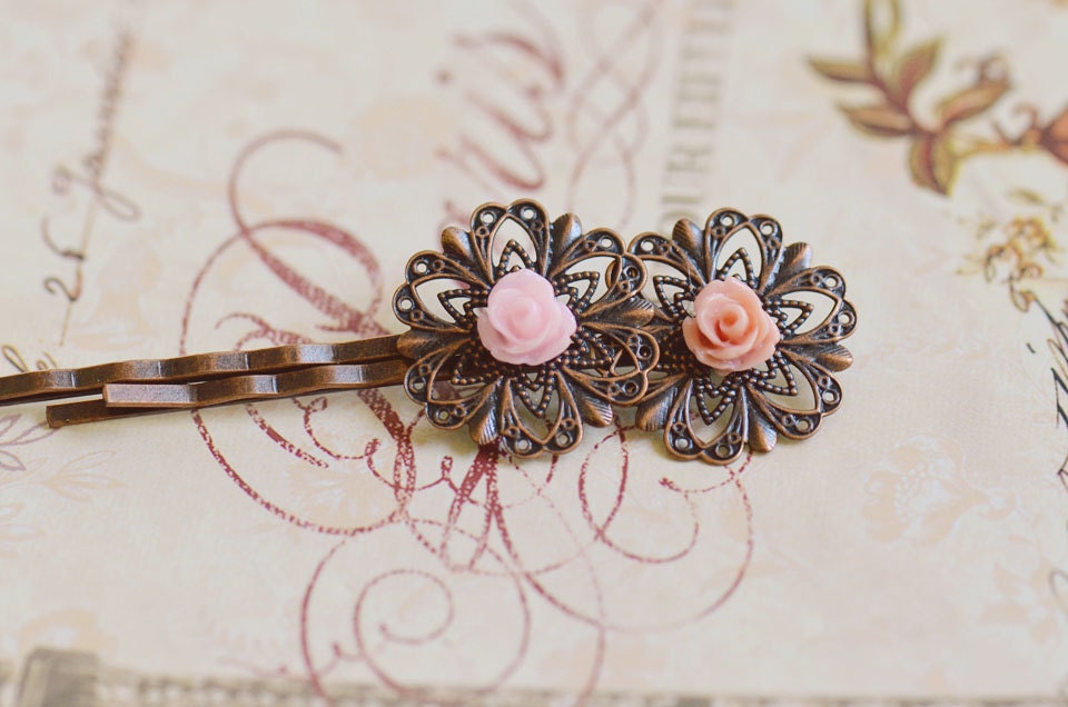 Juliette Antique Bronze Filigree Hairpin Set (Vintage & Pale Pink)