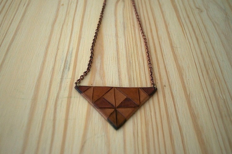 Handmade Tooled Leather Necklace - Multicolored Geometric Triangle