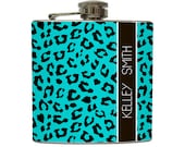 Turquoise Cheetah Animal Print Custom Personalized Name Flask Monogram 21 Bachelorette Gifts - Stainless Steel 6 oz Liquor Hip Flask LC-1024