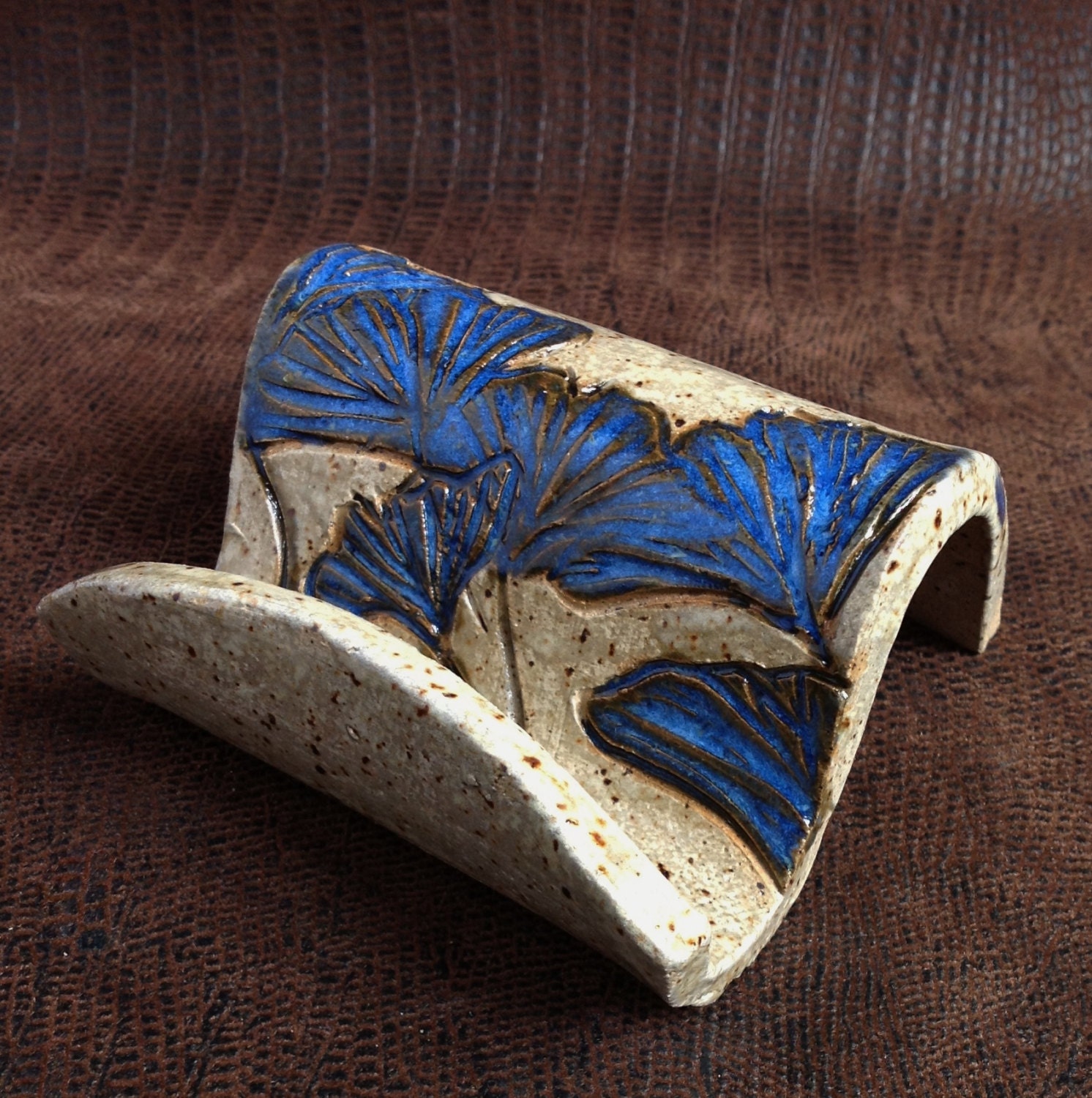 Business Card Holder iPhone Holder Stoneware Clay Gingko Leaves in BLUE