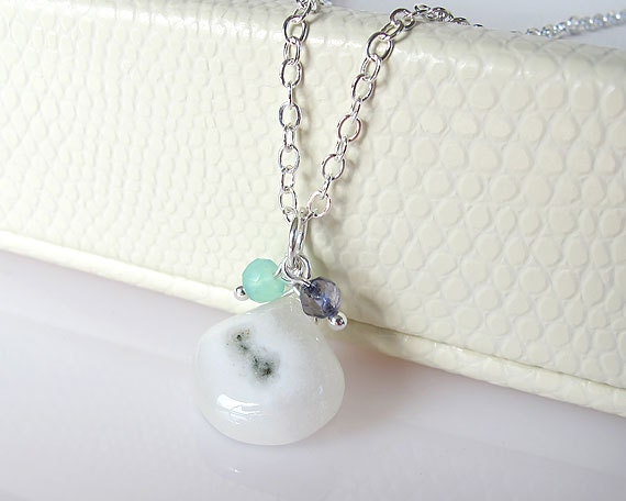 Solar quartz necklace with chrysophras and iolite accents, white sterling silver necklace