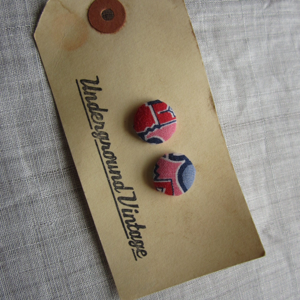 Feedsack and quilt covered earrings-Pink, Navy, White