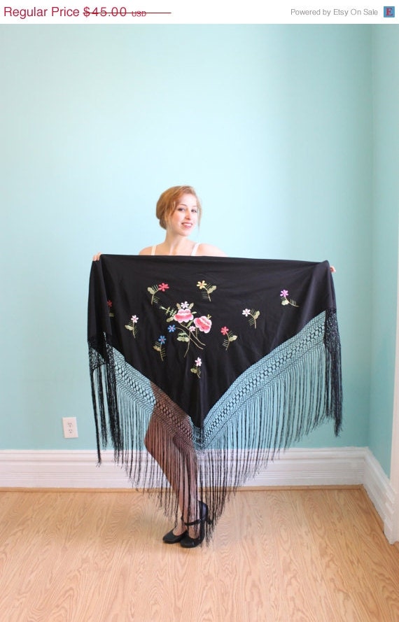 Sale Vintage Fringed Shawl Black Piano Shawl Embroidered Flowers