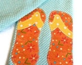 Orange floral print yellow polka dots flip flops light green Terrycloth dish towel