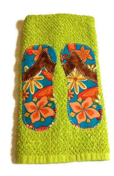 Lime green Terrycloth dish towel multi color floral print  flip flops brown straps