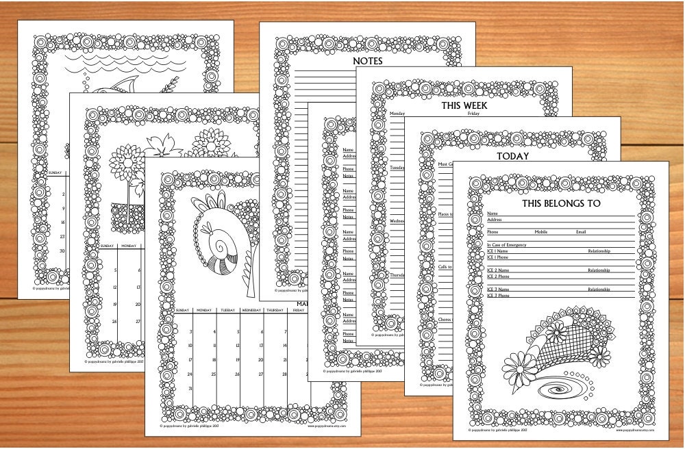 2013-2014 18-Month Doodle Black & White Printable Calendar Planner Organizer PDF format (8 1/2 x 11) Weekly Daily Monthly Address Notes