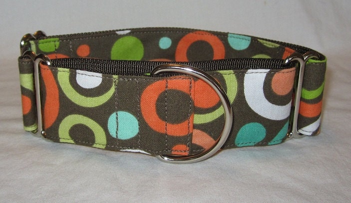 Dizzy Circles Martingale Dog Collar - 1.5 inch - turquoise peach brown teal green lime dots fun
