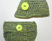 Gray and Pistachio Baby Hat and Diaper Cover Set