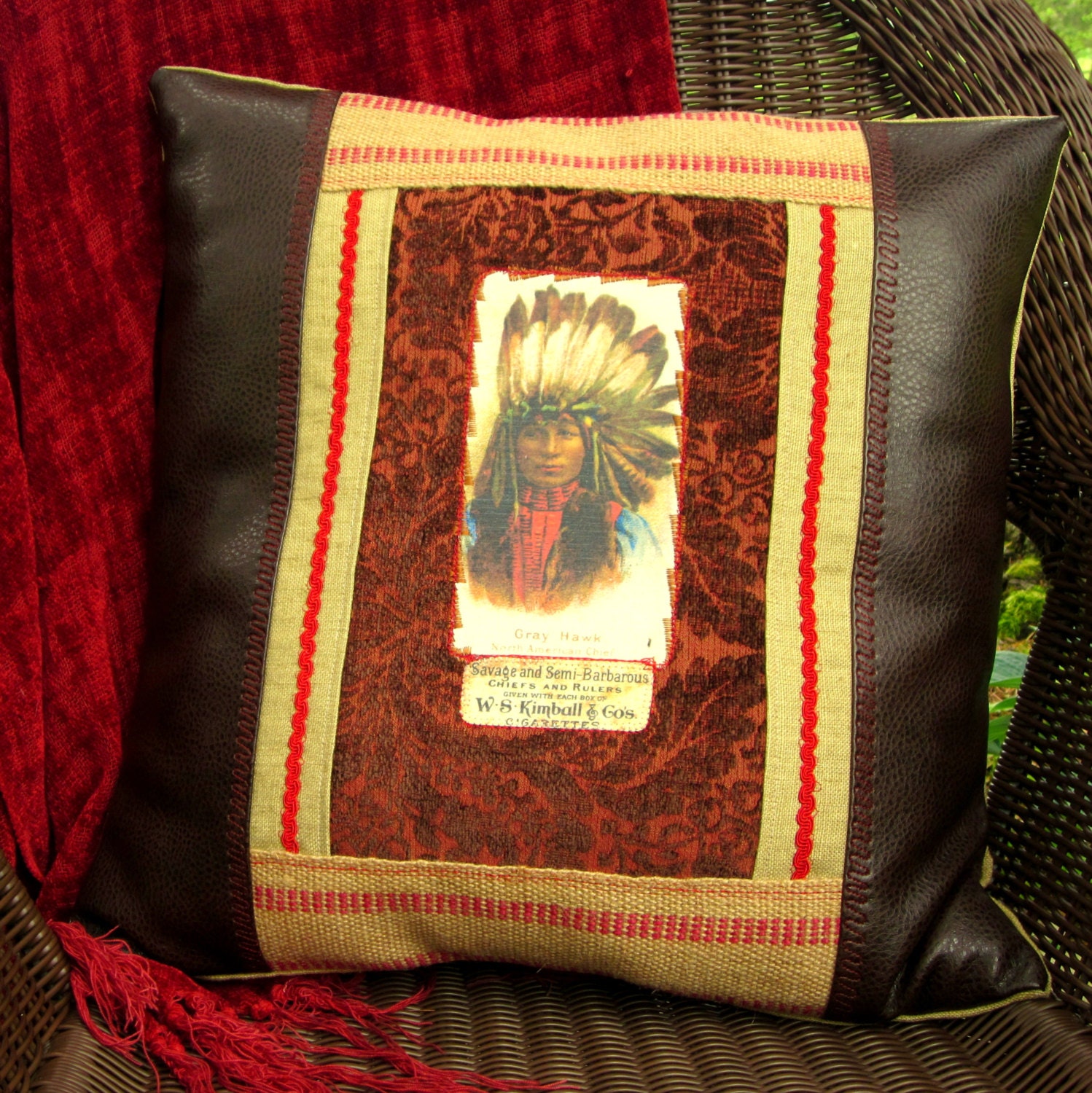 Handmade 18" Pillow Cover with Applique of Native American Antique Cigarette Card on Upholstery Fabric, Linen, Burlap Trim and Faux Leather