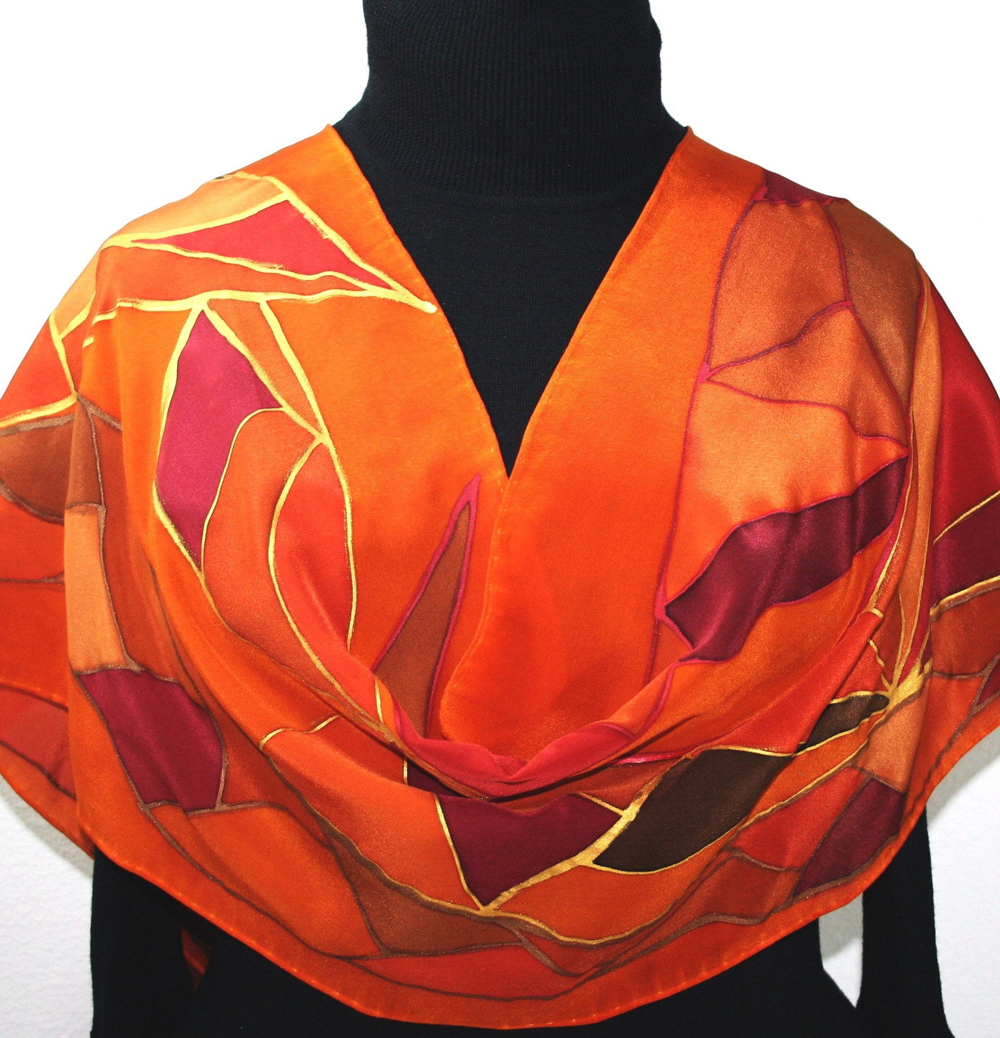 Hand Painted Silk Scarf Autumn Patchwork. Scarf in Orange, Burgundy, Brown. Size 14x70. Silk Scarf Colorado scarf. 100% silk. MADE TO ORDER.