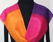 Hand Painted Silk Scarf Bright Sunsets. Scarf in Orange, Pink, Purple. Size 8x52. Silk Scarves Colorado. 100% silk. READY TO SHIP.