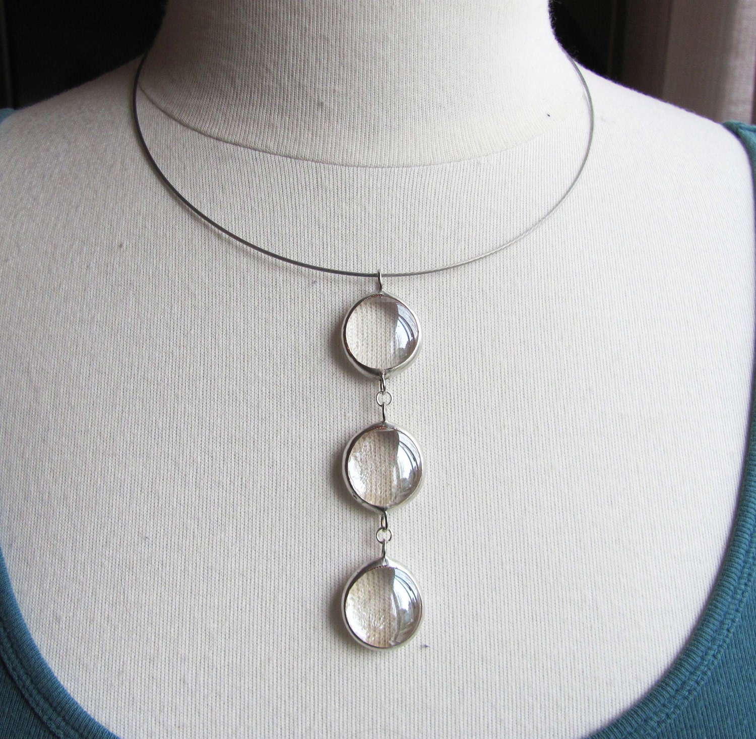 Crystal Clear Stained Glass Necklace, Stainless Steel Choker, Tripple Tier, Iridescent, Handmade Pendant