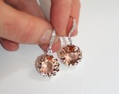 Vintage German cut glass crystal Rosaline pink peach crystal set silver earrings