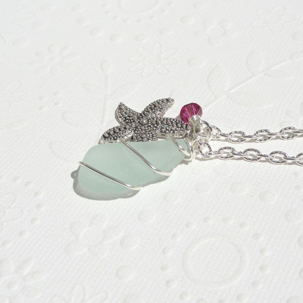 Seafoam Green Wire Wrapped Sea Glass Necklace with Starfish Charm and Swarovski Crystal