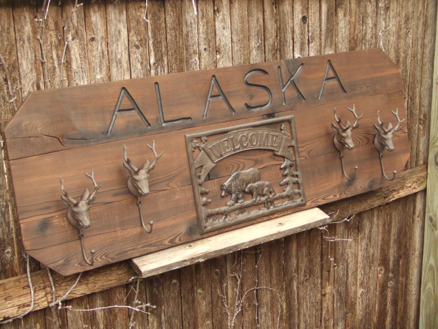 Large Personalized  Custom Rustic Cast Iron Bear  Welcome Sign and Deer Coat Rack   -- lodge cabin decor -- reclaimed western cedar