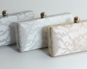 Personalized Bridesmaid Gift Minaudiere Box Clutch in Satin with Lace Overlay in your choice of colors