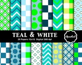 Teal Chevron Paper, Preppy Teal Blue Digital Paper, Polka Dot Digital Paper,Checkerboard, Invitation paper Printable, Instant Download Il_170x135